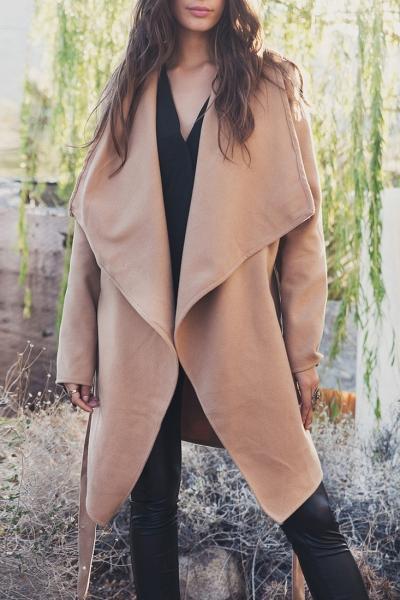 Oasap Camel Turn-down Collar Open Front Belted Coat
