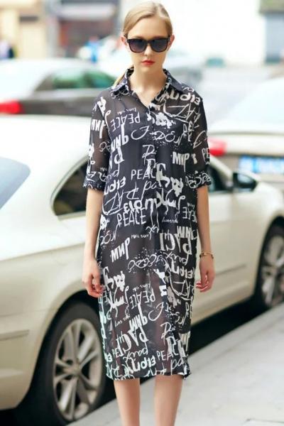 Oasap Fashion Alphabet Print Summer Sheer Long Shirt