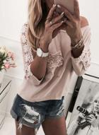 Oasap Round Neck Solid Color Lace Hem Tee Shirt