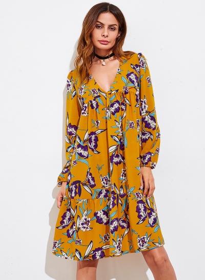 Oasap V Neck Lantern Sleeve Floral Printed Midi Dress