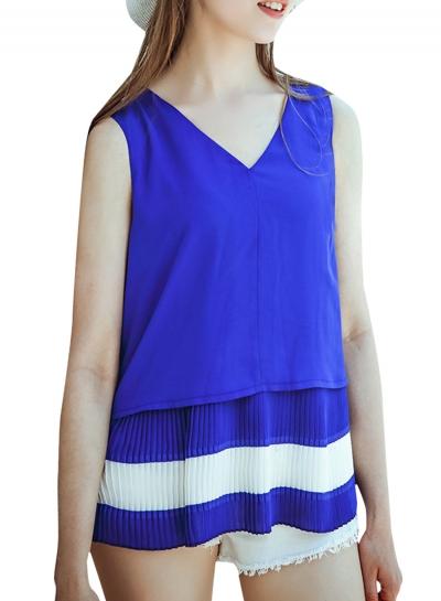 Oasap Women's Chic Color Block V Neck Pleated Sleeveless Top