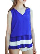 Oasap Women's Chic Color Block V Neck Pleated Sleeveless Top