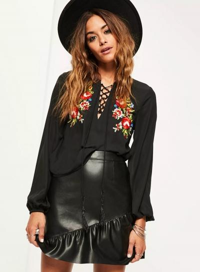 Oasap V Neck Floral Embroidery Lace Up Blouse