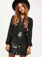 Oasap V Neck Floral Embroidery Lace Up Blouse
