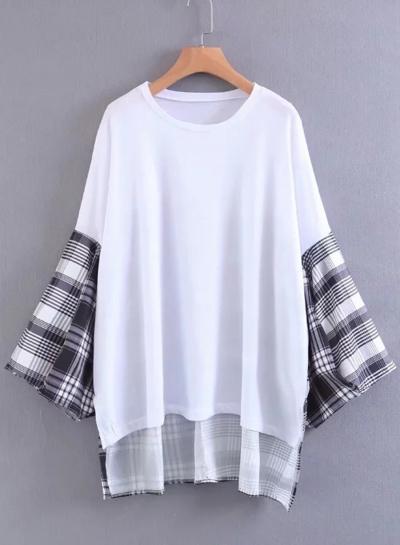 Oasap Round Neck Plaid Splicing Solid Tops