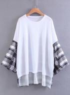 Oasap Round Neck Plaid Splicing Solid Tops