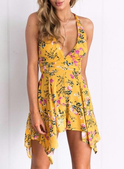 Oasap Deep V Neck Floral Print Criss Cross Backless Romper
