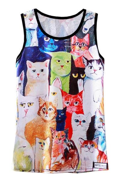 Oasap Casual Cat Print Eyelet Contrast Trim Sleeveless Tank