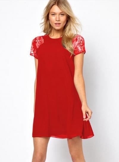 Oasap Fashion Lace Short Sleeve Chiffon Dress