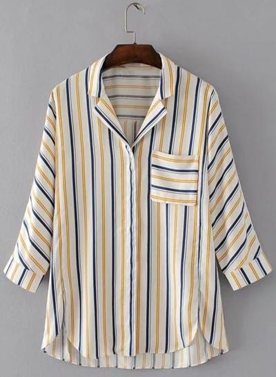 Oasap Casual Vertical Striped High Low Shirt With Pocket