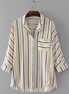 Oasap Casual Vertical Striped High Low Shirt With Pocket