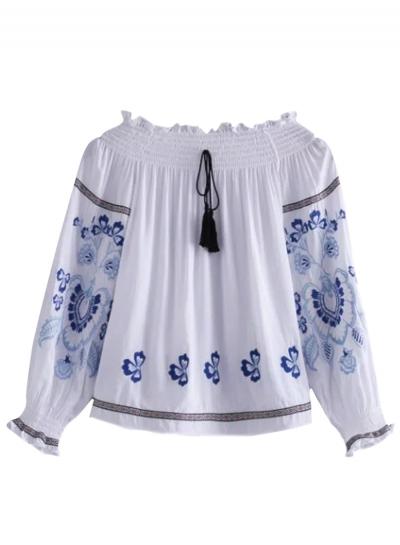 Oasap Women's Floral Embroidery Print Off Shoulder Blouse