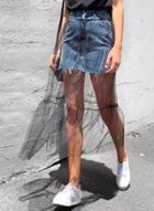 Oasap Fashion Denim Sheer Mesh Panel Midi Skirt