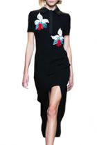 Oasap Casual Black Embroidered Floral Midi Shift Dress