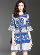 Oasap Half Flare Sleeve Floral Printed Tie Waist Dress