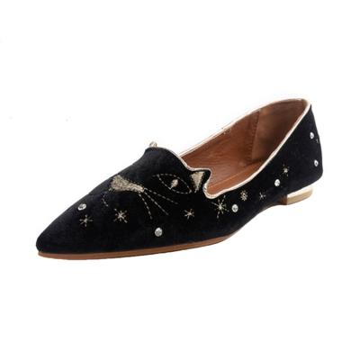 Oasap Pointed Toe Cat Embroidery Rhinestone Shoes