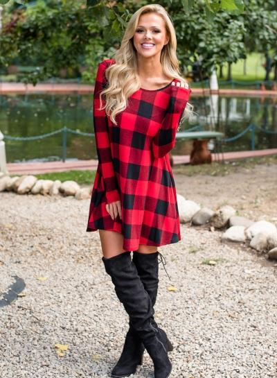 Oasap Round Neck Long Sleeve Plaid Mini Dress
