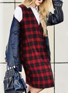 Oasap Casual Loose Plaid Long Sleeve Turn-down Collar Dress