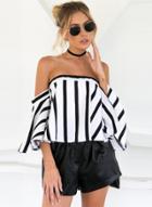 Oasap Striped Strapless Flare Sleeve Off Shoulder Blouse