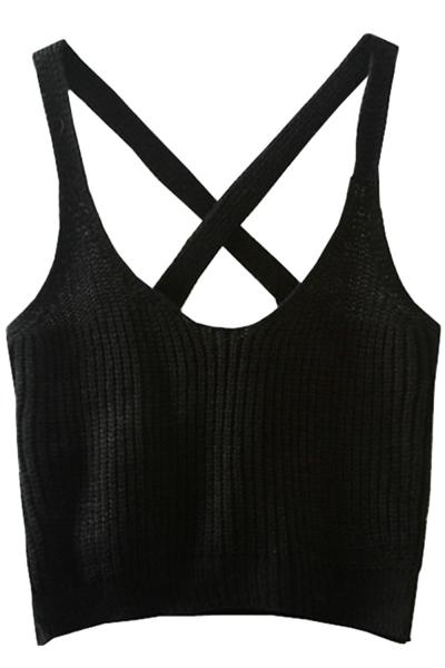 Oasap Solid Back Cross Knit Crop Top