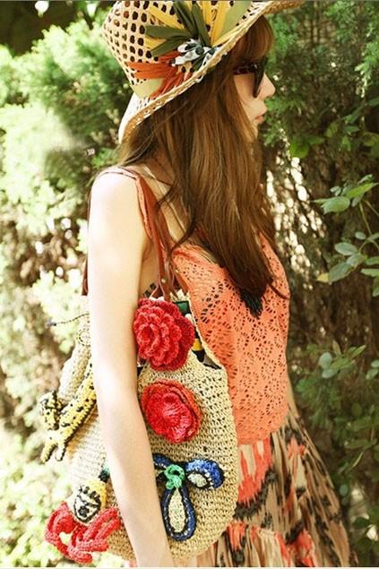 Oasap Plaited Shoulder Bag With Tiger And Flower