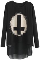 Oasap Crucifix Graphic Chiffon Paneled Cotton Blend Tee
