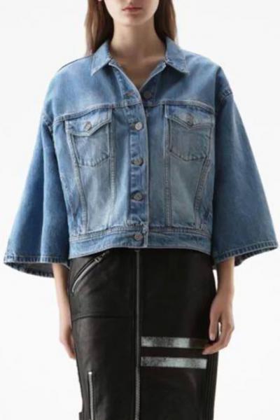 Oasap Vintage Flare Sleeve Button Front Washed Denim Jacket