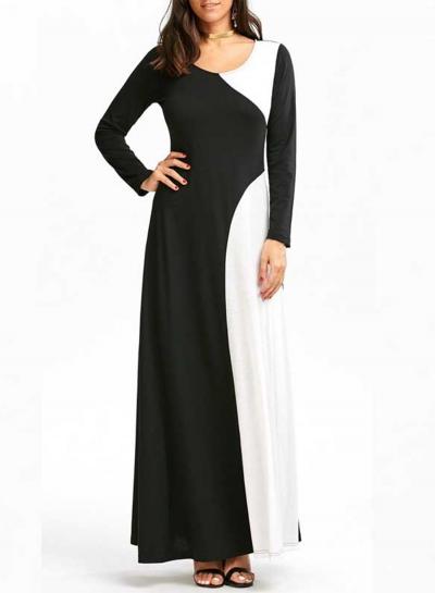 Oasap Fashion Long Sleeve Color Block Loose Maxi Dress