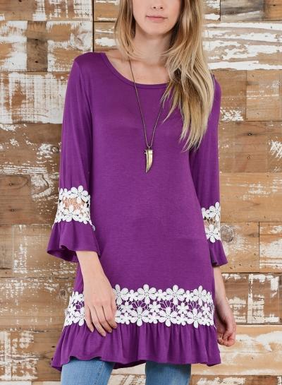 Oasap Round Neck Flare Sleeve Lace Trimming Mini Dress