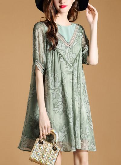 Oasap Loose Leaf Print Chiffon Dress