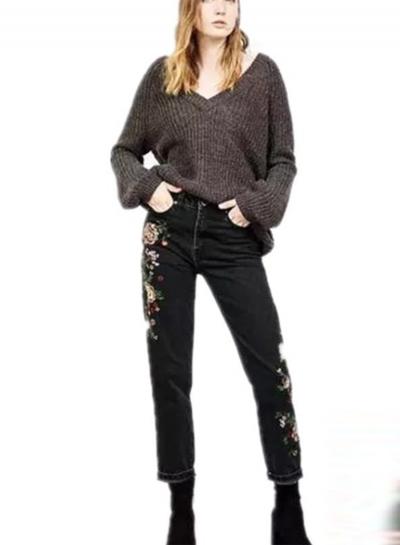 Oasap Floral Embroidery Denim Pants