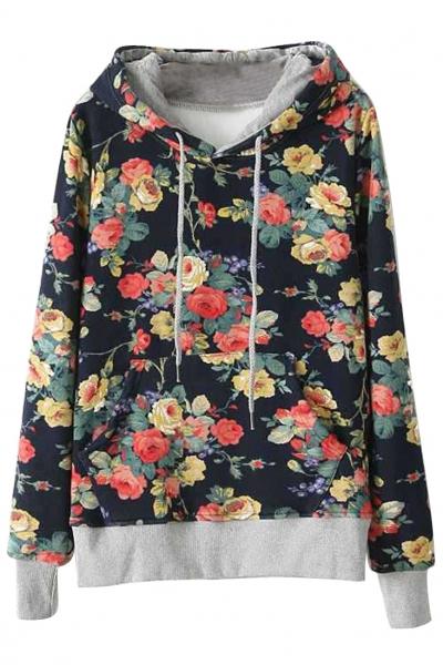 Oasap Multi Floral Print Drawstring Hooded Sweatshirt