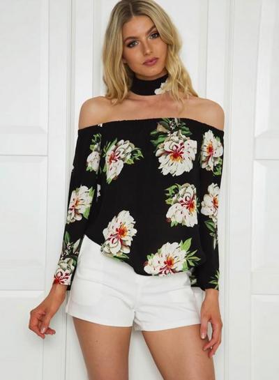 Oasap Long Sleeve Slash Neck Floral Print Blouse