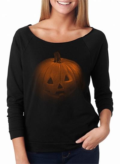 Oasap Round Neck Halloween Pumpkin Print Sweatshirt