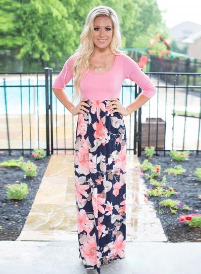 Oasap Scoop Neck 3/4 Sleeve Floral Print Maxi Dress