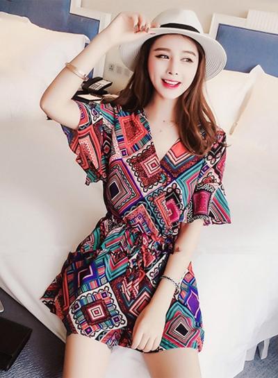 Oasap V Neck Short Sleeve Tribal Print High Waist Romper