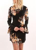 Oasap Flare Sleeve Floral Bodycon Mini Dress
