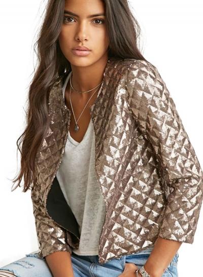 Oasap Fashion Diamond Pattern 3/4 Sleeve Sequin Coat