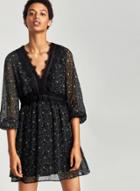 Oasap V Neck Lace Panel 3/4 Sleeve Floral Print Mini Dress