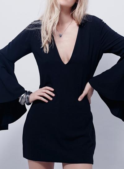 Oasap Deep V Neck Flare Sleeve Bodycon Mini Dress