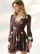 Oasap Floral Print Deep V Pleated A-line Dress