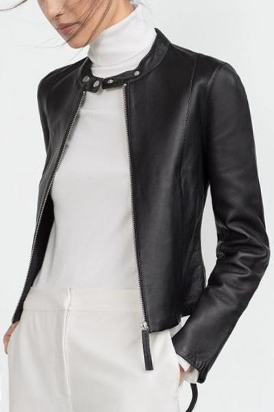 Oasap Fashion Zippered Front Sleeve Snap Button Collar Jacket