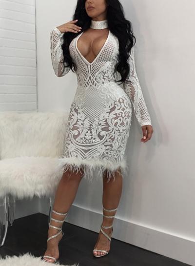 Oasap Choker V Neck Long Sleeve Sequin Bodycon Dress