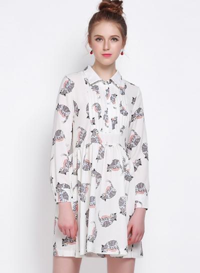 Oasap Women's Bird Print Long Sleeve Shirt Dress