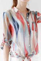 Oasap Multi-color Stripe Button Down Chiffon Shirts