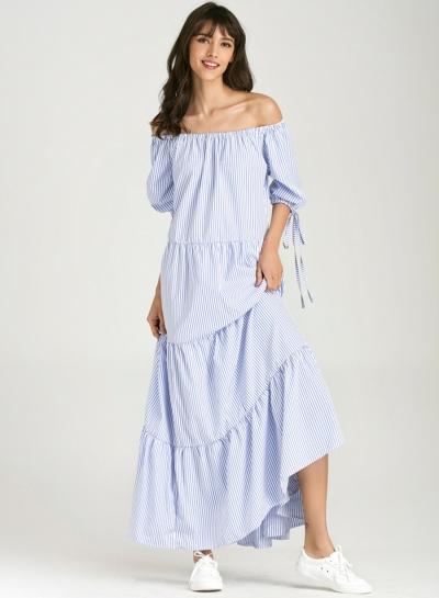 Oasap Slash Neck Off Shoulder Striped Maxi Dress