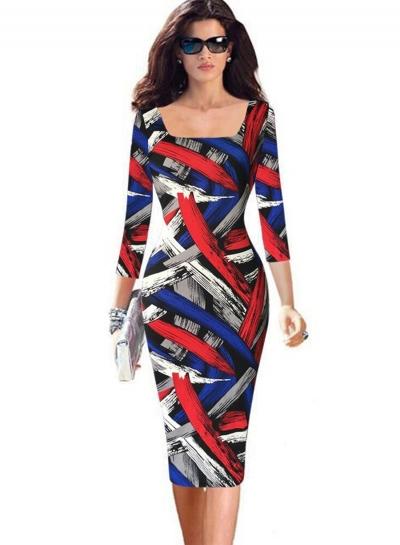 Oasap Square Neck 3/4 Sleeve Patchwork Bodycon Dress