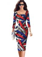 Oasap Square Neck 3/4 Sleeve Patchwork Bodycon Dress