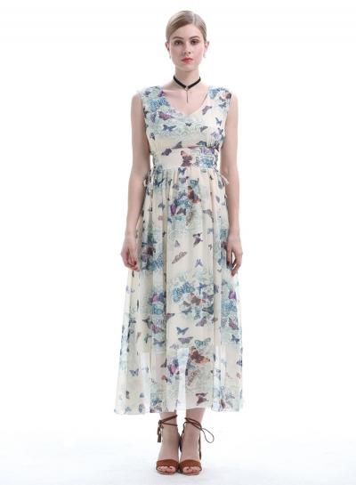 Oasap High Waist Butterfly Print Chiffon Dress