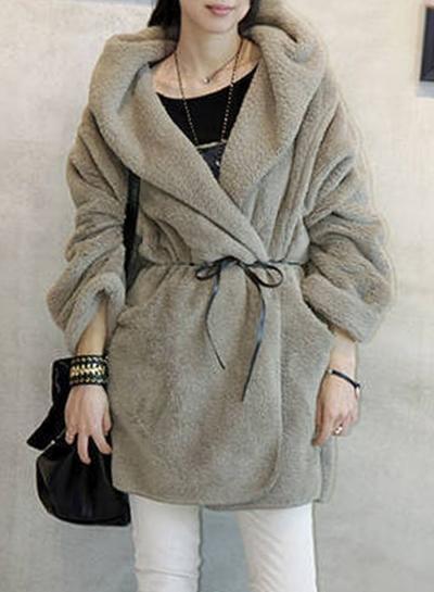 Oasap Long Sleeve Lamb Wool Hooded Coat With Belt